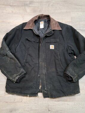 Carhartt Arctic Jacket Quilted Sz 48 Black Corduroy Collar Canvas Distressed Y2K